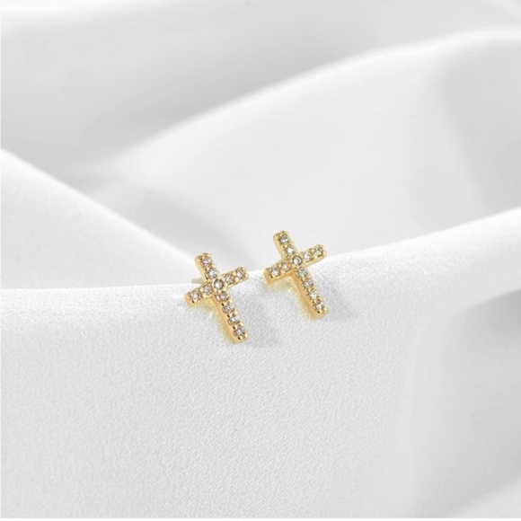 Gold 14k Gold Plated Cubic Zirconia Cross Stud Earrings - Picture 2 of 2
